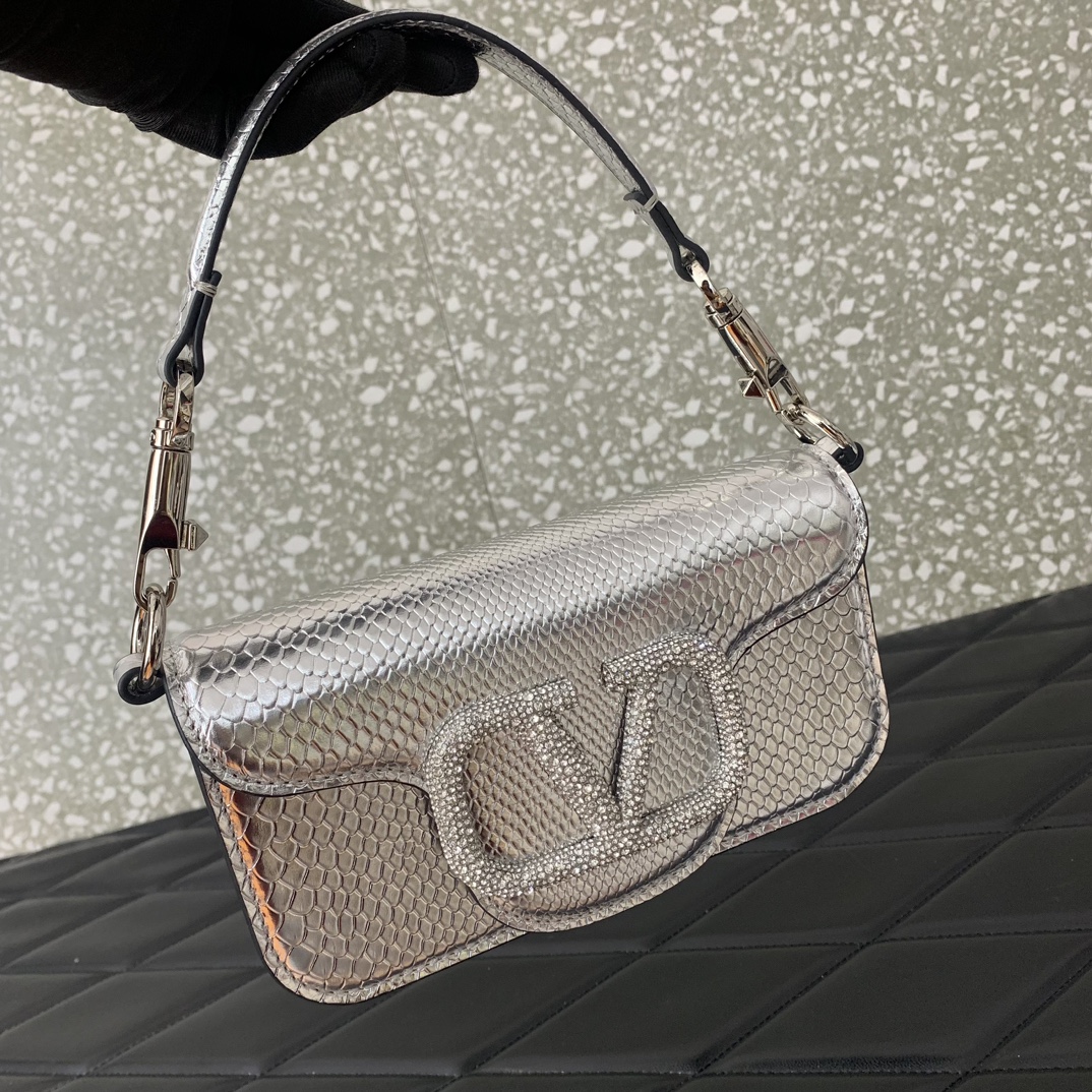 Valentino Garavani Loco Small Shoulder Bag in Silver Snake Grain Calfskin Leather 